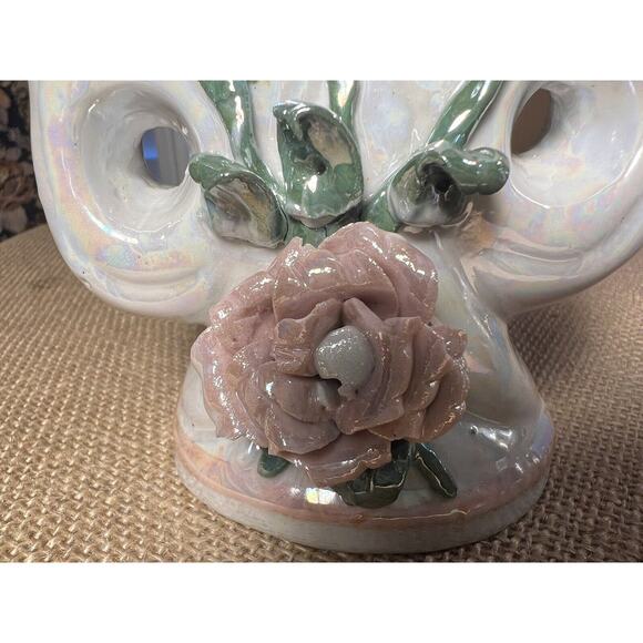 Lusterware Mid Century Opalescent Porcelain Rose Candelabra--Set of 2--Vintage - Picture 8 of 12